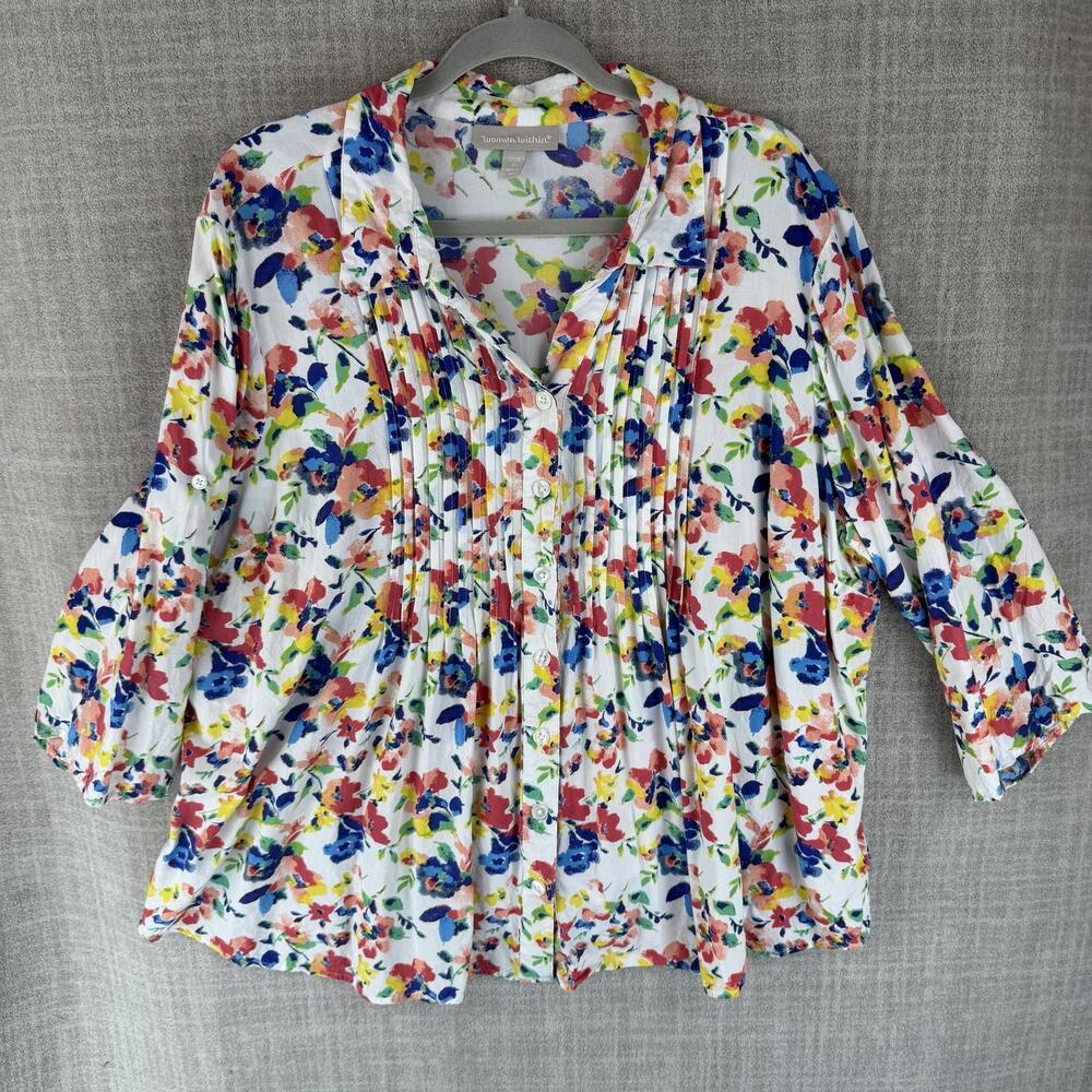 Woman Within Button-Up Womens 1X White Floral Tunic Roll Tab Sleeve Rayon